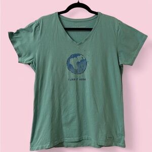 Life Is Good “I Like It Here” Earth Teal Graphic Crusher Tee Size L